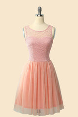 White Prom Dress, Sleeveless Crew Neck Lace Pink Short Bridesmaid Dress