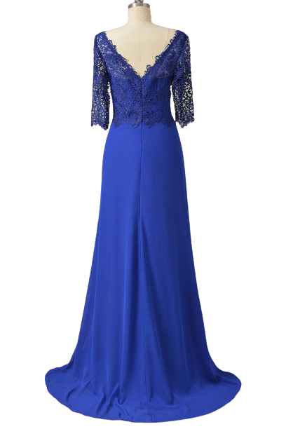 Wedding Bouquet, Long Pleated Lace Royal Blue Mother of Bridal Dress with Train