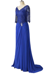 Bachelorette Party Theme, Long Pleated Lace Royal Blue Mother of Bridal Dress with Train