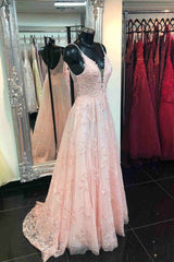 Engagement Dress, Deeep V-neck Embroidery Pink Long Prom Dress