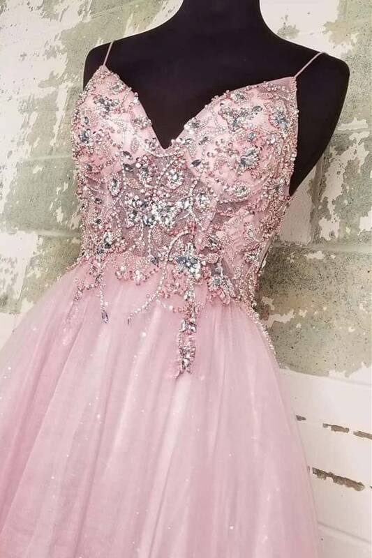 Party Dress After Wedding, Straps A-line Blush Beaded Long Formal Dress