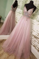 Party Dress For Christmas, Straps A-line Blush Beaded Long Formal Dress