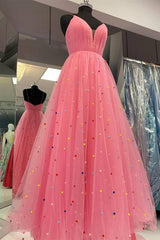 Prom Dresses Fitted, Princess A-line Hot Pink Tulle Long Prom Dress