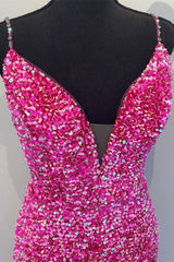 Party Dresses Modest, Sparkle Mermaid Hot Pink Long Prom Dress