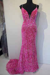 Party Dress Hijab, Sparkle Mermaid Hot Pink Long Prom Dress