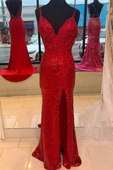Party Dresses And Jumpsuits, Sparkle Red Mermaid Sequined Prom Dress with Slit