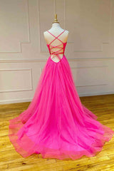 Party Dress With Sleeves, Straps Hot Pink Tulle Long Prom Dress