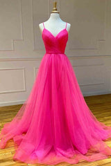 Party Dress Sleeve, Straps Hot Pink Tulle Long Prom Dress