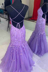 Party Dress Mini, Straps Lavender Lace Appliques Mermaid Prom Dress