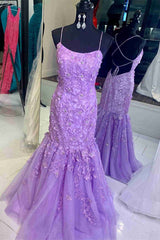 Party Dresses For Short Ladies, Straps Lavender Lace Appliques Mermaid Prom Dress