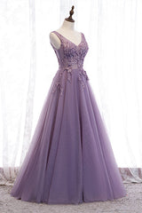 Satin Prom Dress, Elegant Lilac V-Neck Appiques Long Prom Dress