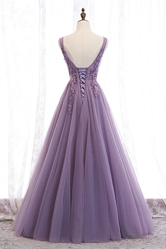 Best Prom Dress, Elegant Lilac V-Neck Appiques Long Prom Dress