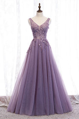 Mermaid Prom Dress, Elegant Lilac V-Neck Appiques Long Prom Dress