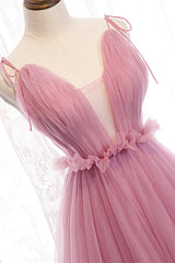 Evening Dress 1936, Deep V-Neck Pink Tulle Formal Dress