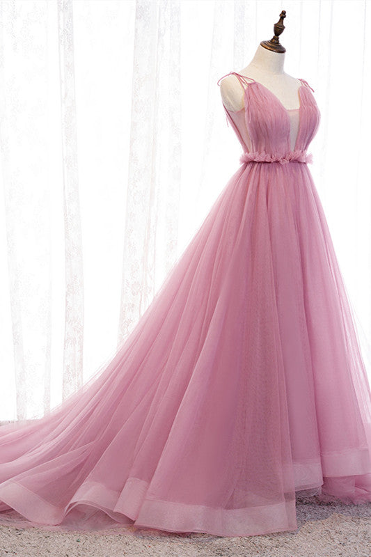 Evening Dress Long Sleeve Maxi, Deep V-Neck Pink Tulle Formal Dress