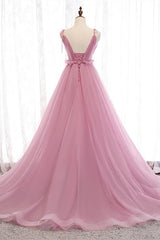 Evening Dress Maxi Long Sleeve, Deep V-Neck Pink Tulle Formal Dress
