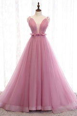 Evening Dress Modest, Deep V-Neck Pink Tulle Formal Dress