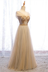 Gold Dress, A-Line Cap Sleeves Champagne Formal Dress
