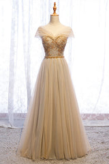 Bridesmaid Dresses Formal, A-Line Cap Sleeves Champagne Formal Dress
