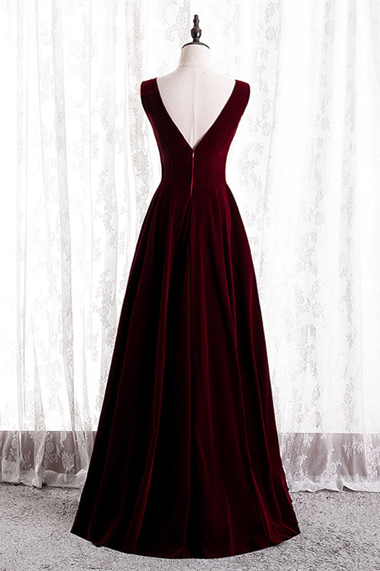 Prom Dresses Casual, Burgundy V-Neck Velvet Formal Dress