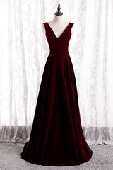 Prom Dresses Outfits, Burgundy V-Neck Velvet Formal Dress