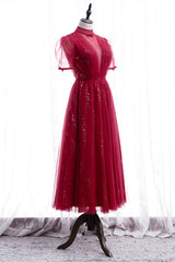 Formal Dresses Over 66, Elegant Puff Sleeeves Red Tulle Prom Dress