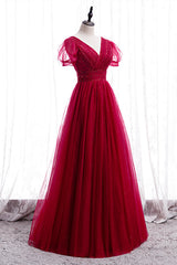 Homecoming Dress Lace, Classic Red V-Neck Beaded Long Formal Dress