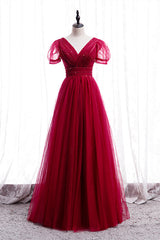 Homecoming Dresses Laces, Classic Red V-Neck Beaded Long Formal Dress