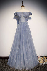 Bridesmaid Dress Styles, Off the Shoulder Dusty Blue Formal Dress
