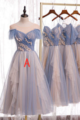 Formal Dresses Pink, Elegant Tea Length Tulle Bridesmaid Dress