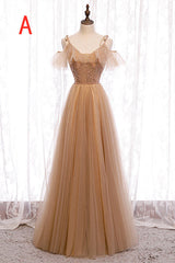 Prom Dresses Chicago, A-Line Beaded Champagne Tulle Bridesmaid Dress