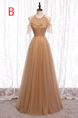 Prom Dresses Glitter, A-Line Beaded Champagne Tulle Bridesmaid Dress