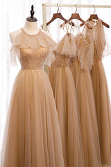 Prom Dress Mermaid, A-Line Beaded Champagne Tulle Bridesmaid Dress