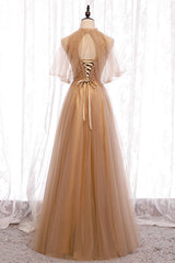 Prom Dress Chicago, A-Line Beaded Champagne Tulle Bridesmaid Dress