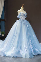 Bridesmaid Dresses With Sleeves, Off the Shoulder Blue Tulle and White Lace Appliques Ball Gown