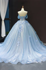 Bridesmaid Dresses 2039, Off the Shoulder Blue Tulle and White Lace Appliques Ball Gown