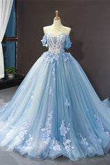 Bridesmaid Dresses Green, Off the Shoulder Blue Tulle and White Lace Appliques Ball Gown