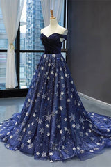 Ethereal Dress, Elegant Off the Shoulder Navy Blue Prom Dress
