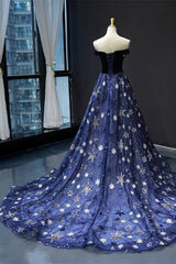 Chiffon Dress, Elegant Off the Shoulder Navy Blue Prom Dress