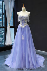 Bridesmaid Dresses Weddings, Off the Shoulder Lavender and Lace Appliques Long Formal Dress