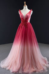 Bridesmaid Dress Online, Ombre Red A-line Tulle Long Formal Dress