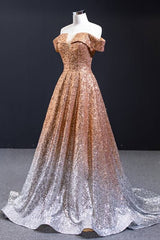 Bridesmaids Dresses Idea, Off the Shoulder Gold and Silver Ombre Sequins Formal Dress
