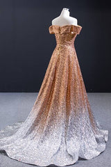 Bridesmaid Dresses Idea, Off the Shoulder Gold and Silver Ombre Sequins Formal Dress