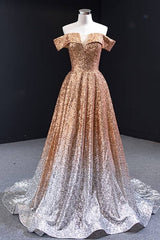 Bridesmaides Dress Ideas, Off the Shoulder Gold and Silver Ombre Sequins Formal Dress