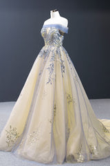 Bridesmaid Dress Colors Scheme, Off the Shoulder Yellow and Blue Formal Gown