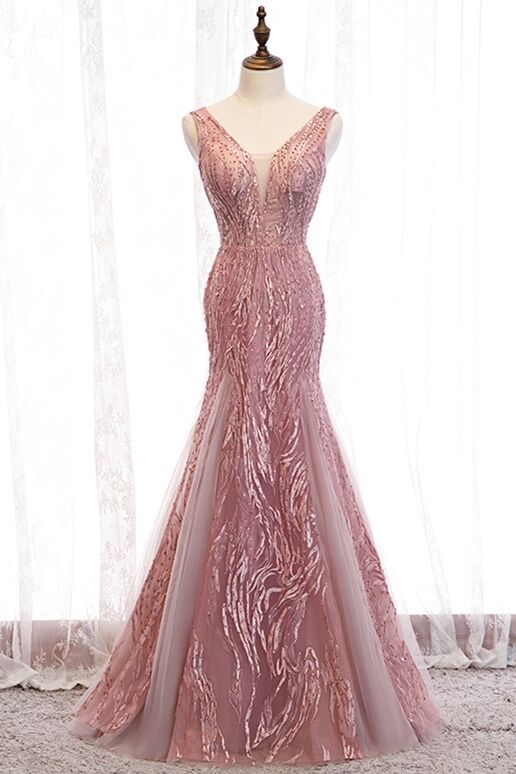 Pink Formal Dress, Elegant Mermaid Blush Long Prom Dress