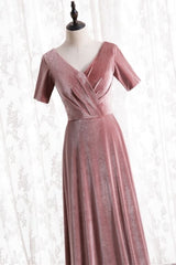 Prom Dress Online, Blush Velvet Long Party Dress with Short Sleeves