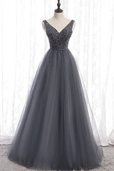 Homecome Dresses Short Prom, Classic A-line Grey Tulle Long Formal Dress