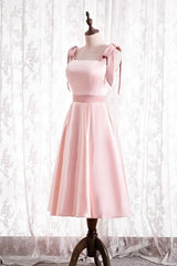 Party Dresses Classy Elegant, Knee Length Pink Satin Party Dress with Tie Shoulders