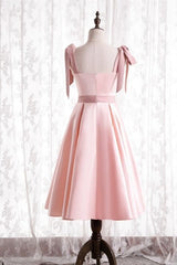 Party Dress Classy Elegant, Knee Length Pink Satin Party Dress with Tie Shoulders